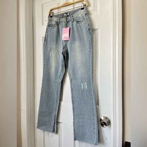 NWT Avec Les Files Straight Leg Jeans High Waist Slit Hem Cotton Light Wash 28 - Picture 9 of 9